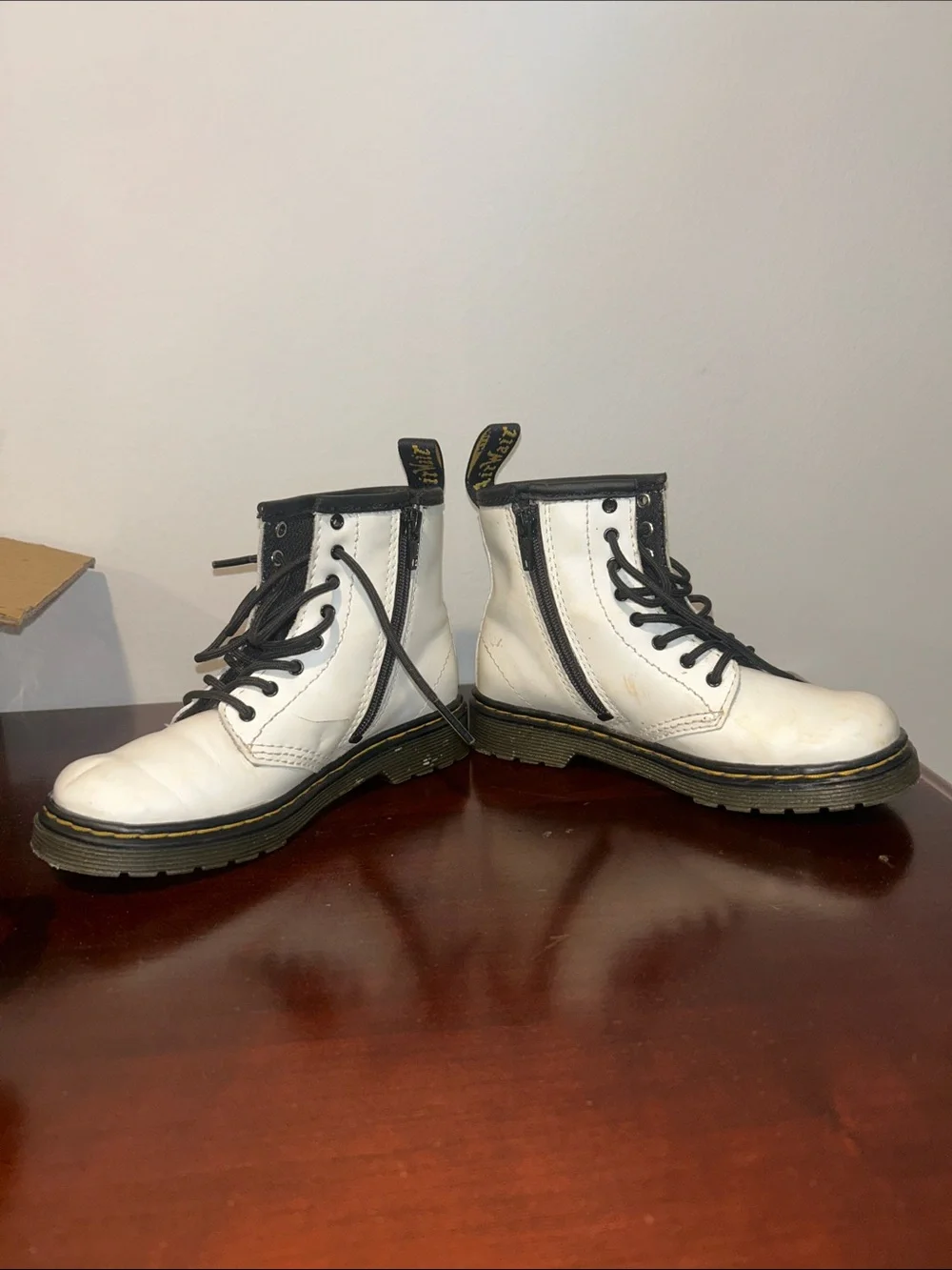 KIDS White Doc Martens Lace-Up Combat Boots with Black Trim